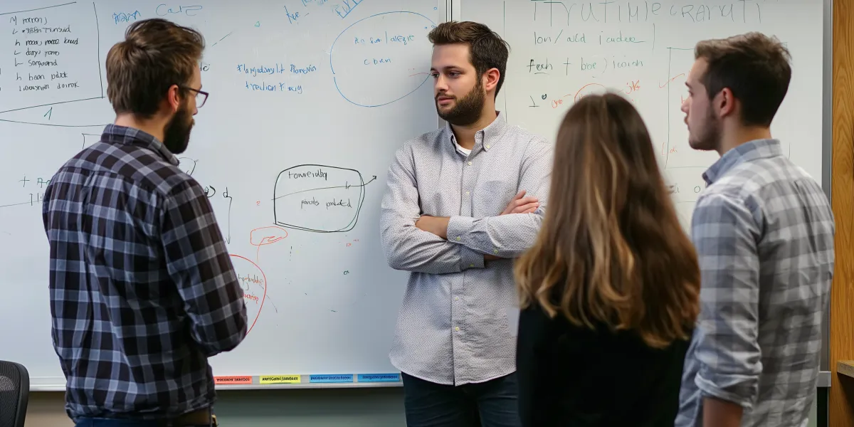Mulher a apresentar estratégia em quadro branco